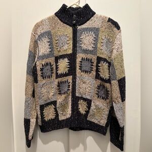 Vtg Dressbarn Patchwork Zip Up Cardigan Sweater XL
